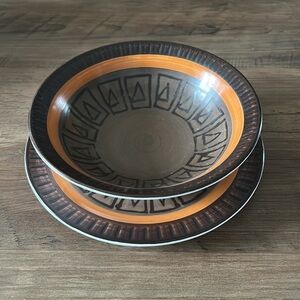 Casual Ceram Electra Athena stoneware brown and orange salad plates and bowl